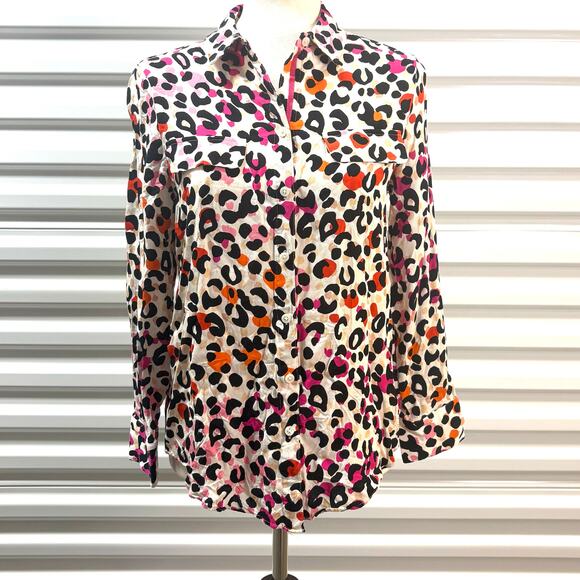 Chicos Blouse, Button Up, Animal Print, Pink White Black, Women’s Size 6, - Picture 1 of 6